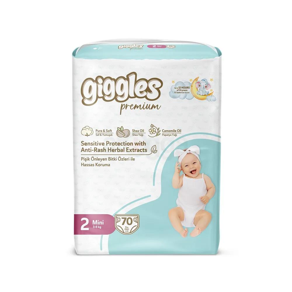 Giggles Premium Jumbo Pack Mini Baby Diapers 3-6kg (Belt Style) – 70 Pcs with Free Teether