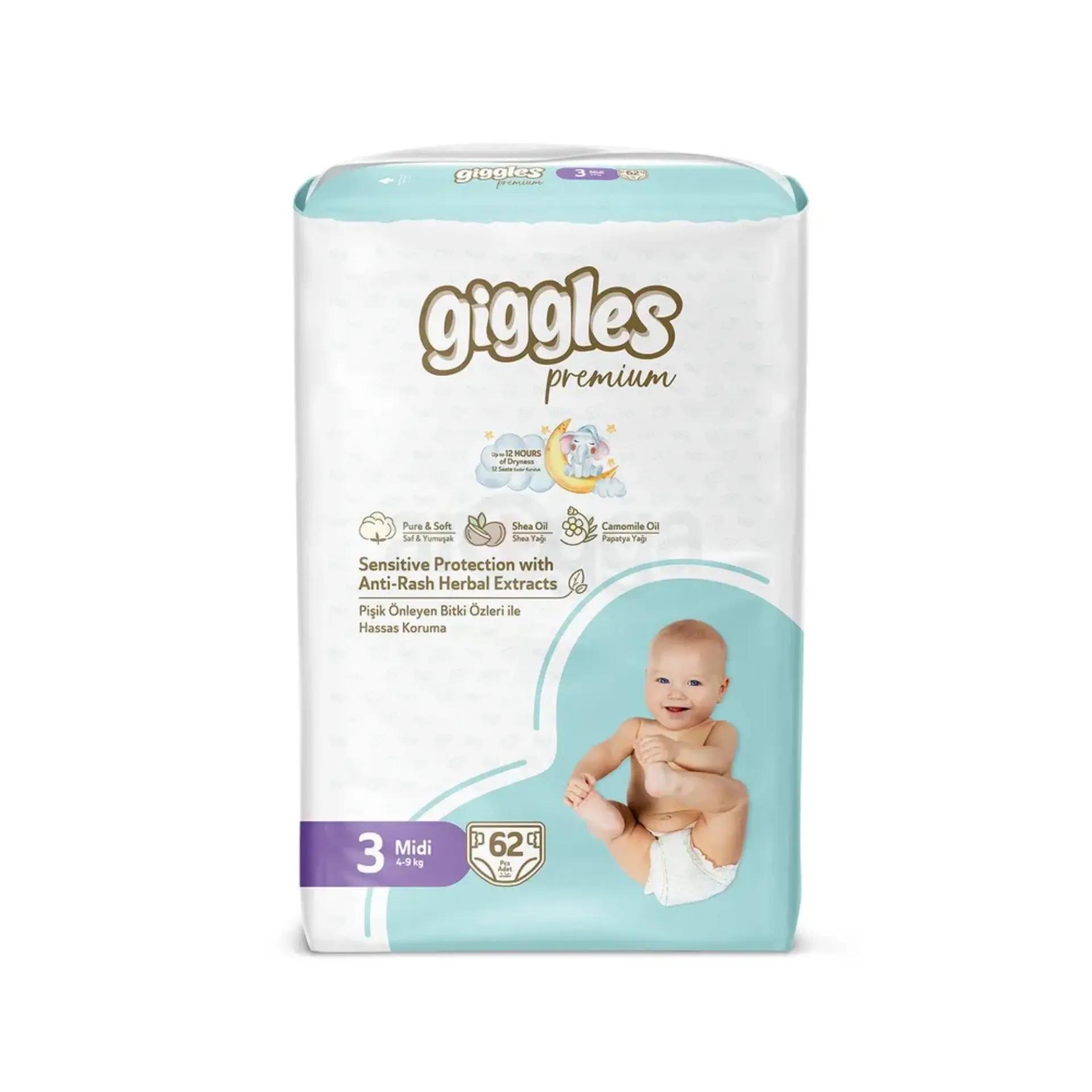 Giggles Premium Jumbo Pack 4-9Kg Belt Style Midi Diapers 62Pcs with Teether Free Giggles Premium Jumbo Pack 4-9Kg Belt Style Midi Diapers 62Pcs with Teether Free